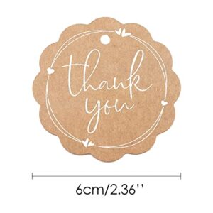 100PCS Scalloped Round Thank You Gift Tag with String, High-end Kraft Paper Gift Wrap Hang Tags with Jute Twine and Cotton Gold Twine for Wedding, Baby Shower, Party Favors,Bridal Shower(2.36"）