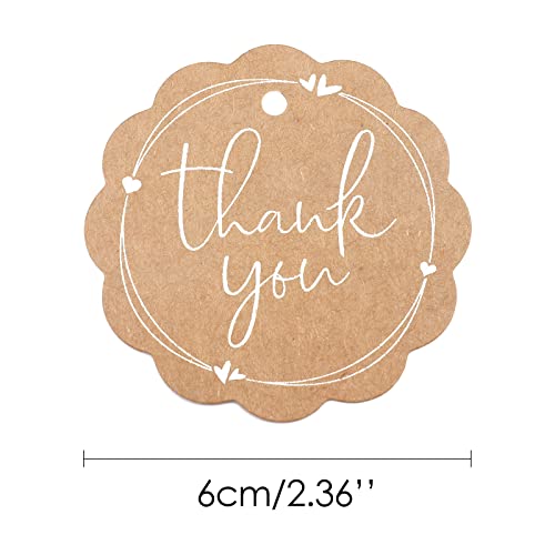 100PCS Scalloped Round Thank You Gift Tag with String, High-end Kraft Paper Gift Wrap Hang Tags with Jute Twine and Cotton Gold Twine for Wedding, Baby Shower, Party Favors,Bridal Shower(2.36"）