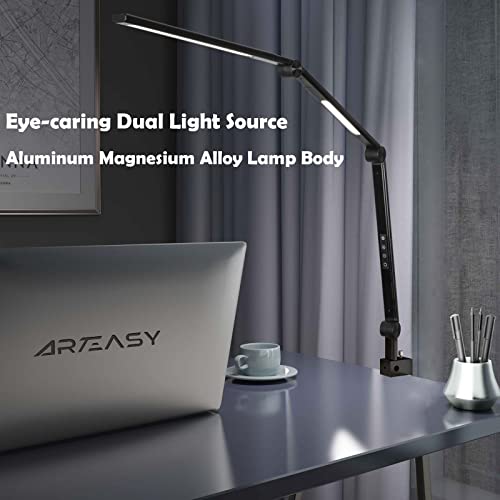 Arteasy LED Desk Lamp, Desk Light for Home Office, Dual Light Source, Eye-Caring Optical Lens, 5 Color Modes & Brightness, Swing Arm Office Lamp, Clamp Lamp with Timer/Memory Function, 18 W(Black)