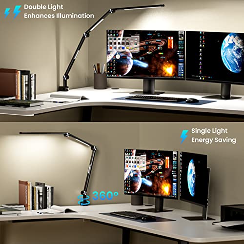 Arteasy LED Desk Lamp, Desk Light for Home Office, Dual Light Source, Eye-Caring Optical Lens, 5 Color Modes & Brightness, Swing Arm Office Lamp, Clamp Lamp with Timer/Memory Function, 18 W(Black)