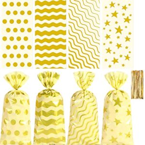 gitmiws 120pcs cellophane bags, gold candy cookie favor bags, plastic gift bags with twist ties for birthday wedding favors party supply bags (4 pattern)