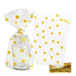 sbyure clear cello bags plastic gold polka dot candy bags 6×10 inch for treat candy cookie bakery party favor bags,pack of 100 with gold twist ties