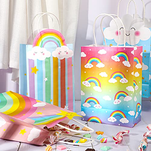 24 Pack Rainbow Present Bags Rainbow Birthday Candy Bags with Handles Goodie Treat Rainbow Gift Bags Colorful Cloud Paper Gift Wrap Bags for Girl Boy Kid Baby Shower Supplies, 8.27 x 5.91 x 3.15 Inch