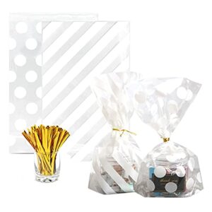 sqian 100pcs gusseted cellophane bags white polka dot cookie bags and striped plastic candy bags (size 5″x8″x1.8″）with gold twist ties , best gusset bag for presenting packaged treats, candy, popcorn etc.