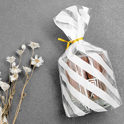 SQian 100pcs Gusseted cellophane Bags White Polka Dot Cookie Bags and Striped Plastic Candy Bags (Size 5"x8"x1.8"）with gold Twist Ties , Best Gusset Bag for Presenting Packaged Treats, Candy, Popcorn etc.