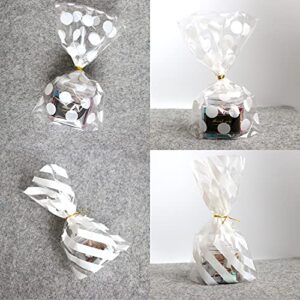 SQian 100pcs Gusseted cellophane Bags White Polka Dot Cookie Bags and Striped Plastic Candy Bags (Size 5"x8"x1.8"）with gold Twist Ties , Best Gusset Bag for Presenting Packaged Treats, Candy, Popcorn etc.