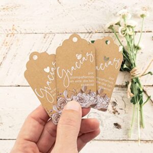 Summer-Ray 50pcs Brown Kraft Gracias Wedding Favor Gift Tags in White Printing