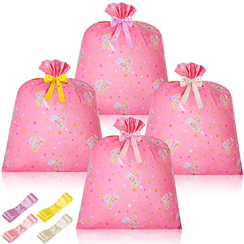 Gersoniel 4 Pieces Dot Jumbo Plastic Baby Shower Bag Extra Large Giant Present Sack with 4 Roll Satin Ribbon for Girl Boy Birthday Gift Christmas Holiday Party Supplies (43 x 36 Inches, Pink)