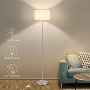 floor lamp for living room,fully dimmable modern standing lamp with pedal switch sliver tall pole reading light with white drum shade for bedroom study room office led 8w bulb included