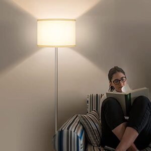 Floor Lamp for Living Room,Fully Dimmable Modern Standing Lamp with Pedal Switch Sliver Tall Pole Reading Light with White Drum Shade for Bedroom Study Room Office LED 8W Bulb Included