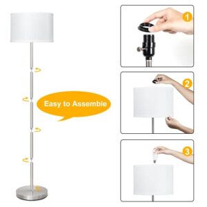 Floor Lamp for Living Room,Fully Dimmable Modern Standing Lamp with Pedal Switch Sliver Tall Pole Reading Light with White Drum Shade for Bedroom Study Room Office LED 8W Bulb Included