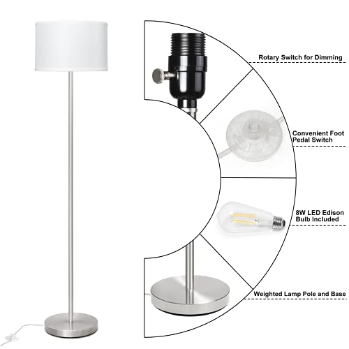 Floor Lamp for Living Room,Fully Dimmable Modern Standing Lamp with Pedal Switch Sliver Tall Pole Reading Light with White Drum Shade for Bedroom Study Room Office LED 8W Bulb Included