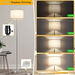 Floor Lamp for Living Room,Fully Dimmable Modern Standing Lamp with Pedal Switch Sliver Tall Pole Reading Light with White Drum Shade for Bedroom Study Room Office LED 8W Bulb Included