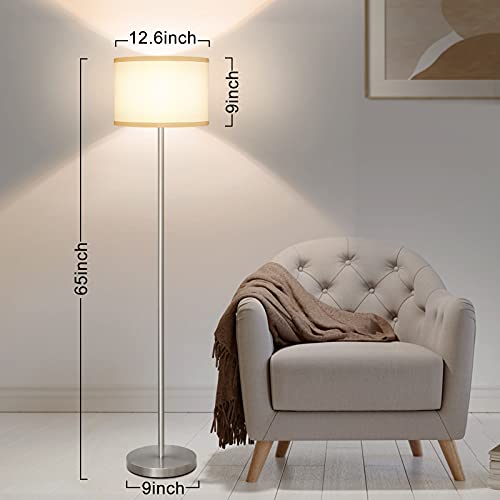 Floor Lamp for Living Room,Fully Dimmable Modern Standing Lamp with Pedal Switch Sliver Tall Pole Reading Light with White Drum Shade for Bedroom Study Room Office LED 8W Bulb Included