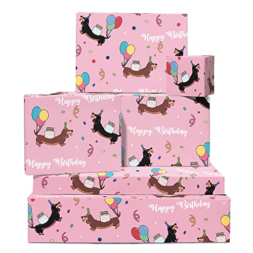 CENTRAL 23 Birthday Wrapping Paper - 6 Sheets of Gift Wrap - Sausage Dogs - Dog Wrapping Paper - Pink Balloons Cakes Pet - Comes With Fun Stickers