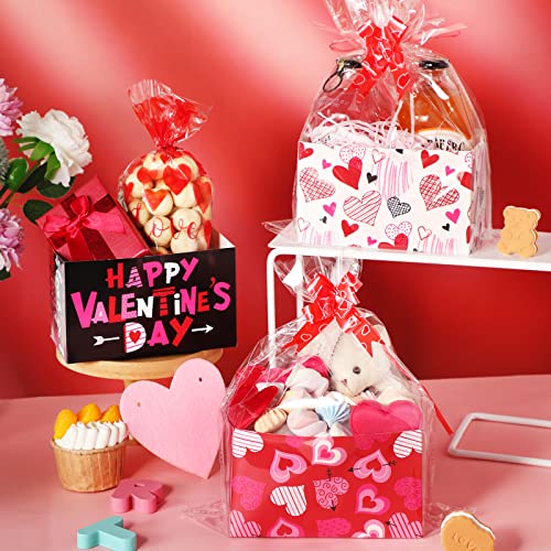 120 Pcs Valentines Day Baskets Gifts Empty Set Includes Valentines Empty Market Tray Cardboard Basket Clear Cellophane Bags Gift Tags Pull Bows for Valentines Day Holiday Birthday Party Supplies