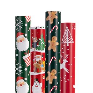 christmas wrapping paper (4 rolls: 93 sq. ft. ttl) funny candy cane santas, reindeer, christmas tree, snowflakes – christmas elements collection – 17 inches x 16.5 feet per roll