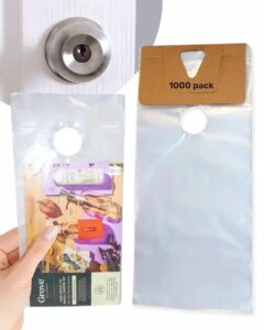 skywin 1000 door hanger bags 6 x 12 inches – clear door hanger bags protects flyers, brochures, notices, printed materials – waterproof and secure door knob hanger for outdoor use (1000)