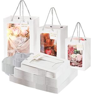 zenfun 24 pack white gift bags with clear window and handles, transparent bouquet gift bags tote paper bags for gift packing, shopping, 9.8” l x 5.9” w x 13.8” h/ 7.9” l x 6.3” w x 11.8” h/ 7” l x 5.1” w x 9.8” h