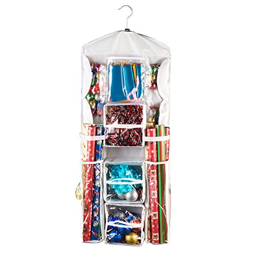 Wrapping Paper Storage Organizer- Dual Sided Hanging Gift Wrap Station- Clear Compartments for 30” Rolls, Ribbon, Bows, Gift Bags & More by Elf Stor