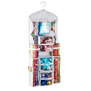 Wrapping Paper Storage Organizer- Dual Sided Hanging Gift Wrap Station- Clear Compartments for 30” Rolls, Ribbon, Bows, Gift Bags & More by Elf Stor