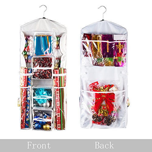 Wrapping Paper Storage Organizer- Dual Sided Hanging Gift Wrap Station- Clear Compartments for 30” Rolls, Ribbon, Bows, Gift Bags & More by Elf Stor