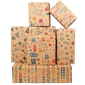 Happy Birthday Wrapping Paper for Kids Girls Women Adults Boys Men, Kraft Brown Recycled Gift Wrapping Paper 20x28" Per sheet(12 sheets:45 sq.ft.ttl.) w/ Jute Strings, Stickers and Tags for all Celebrate Occasion