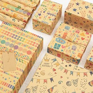 Happy Birthday Wrapping Paper for Kids Girls Women Adults Boys Men, Kraft Brown Recycled Gift Wrapping Paper 20x28" Per sheet(12 sheets:45 sq.ft.ttl.) w/ Jute Strings, Stickers and Tags for all Celebrate Occasion