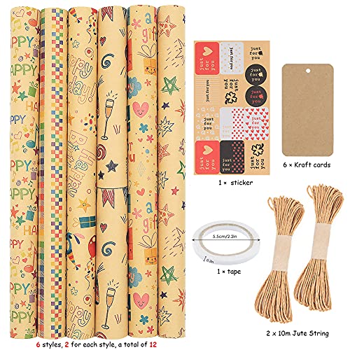 Happy Birthday Wrapping Paper for Kids Girls Women Adults Boys Men, Kraft Brown Recycled Gift Wrapping Paper 20x28" Per sheet(12 sheets:45 sq.ft.ttl.) w/ Jute Strings, Stickers and Tags for all Celebrate Occasion