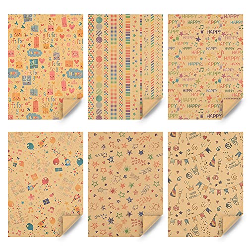 Happy Birthday Wrapping Paper for Kids Girls Women Adults Boys Men, Kraft Brown Recycled Gift Wrapping Paper 20x28" Per sheet(12 sheets:45 sq.ft.ttl.) w/ Jute Strings, Stickers and Tags for all Celebrate Occasion