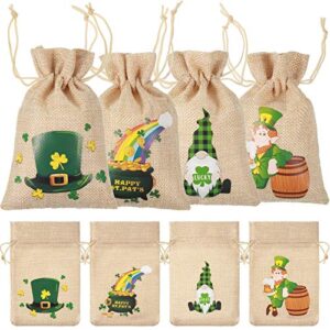 24 pieces st. patricks linen burlap bag, st. patricks gnomes burlap gift bags for kids party supply, irish green jute drawstrings candy pouch, lucky shamrock clovers treat bags with different designs