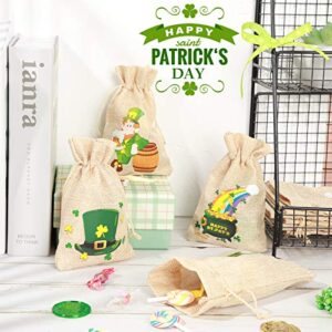 24 Pieces St. Patricks Linen Burlap Bag, St. Patricks Gnomes Burlap Gift Bags for Kids Party Supply, Irish Green Jute Drawstrings Candy Pouch, Lucky Shamrock Clovers Treat Bags with Different Designs