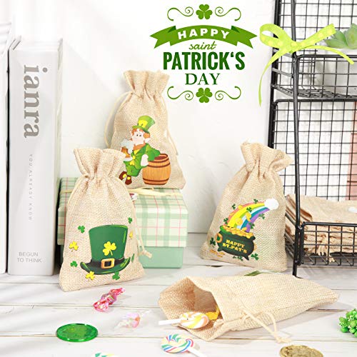 24 Pieces St. Patricks Linen Burlap Bag, St. Patricks Gnomes Burlap Gift Bags for Kids Party Supply, Irish Green Jute Drawstrings Candy Pouch, Lucky Shamrock Clovers Treat Bags with Different Designs