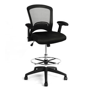 drafting chair tall office chair ergonomic standing desk chair with adjustable foot ring and flip-up arms, black