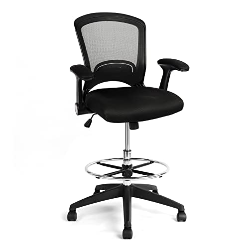 Drafting Chair Tall Office Chair Ergonomic Standing Desk Chair with Adjustable Foot Ring and Flip-up Arms, Black