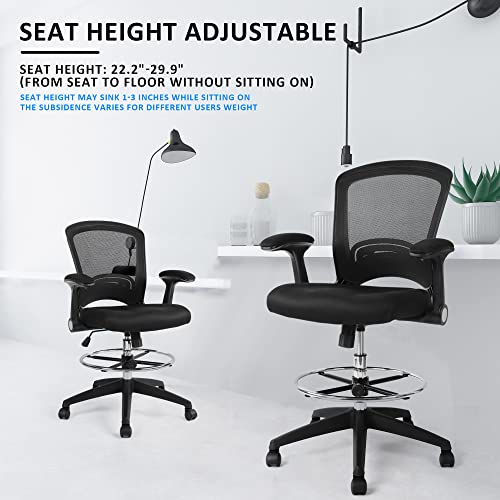 Drafting Chair Tall Office Chair Ergonomic Standing Desk Chair with Adjustable Foot Ring and Flip-up Arms, Black