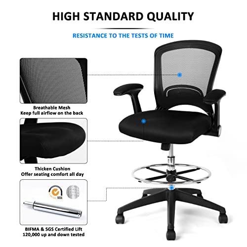 Drafting Chair Tall Office Chair Ergonomic Standing Desk Chair with Adjustable Foot Ring and Flip-up Arms, Black