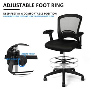 Drafting Chair Tall Office Chair Ergonomic Standing Desk Chair with Adjustable Foot Ring and Flip-up Arms, Black