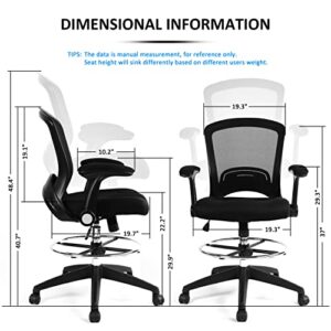 Drafting Chair Tall Office Chair Ergonomic Standing Desk Chair with Adjustable Foot Ring and Flip-up Arms, Black
