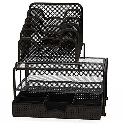 SimpleHouseware Mesh Desk Organizer with Sliding Drawer, Double Tray and 5 Stacking Sorter Sections, Black