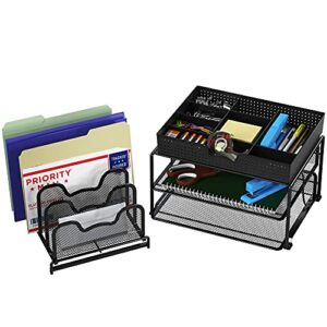 SimpleHouseware Mesh Desk Organizer with Sliding Drawer, Double Tray and 5 Stacking Sorter Sections, Black