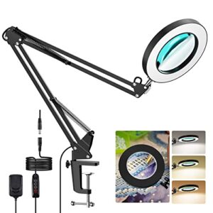 magnifying glass with light, 5x magnifying lamp with clamp,lighted magnifier hands free, dimmable magnifying work light for hobby crafts (black)