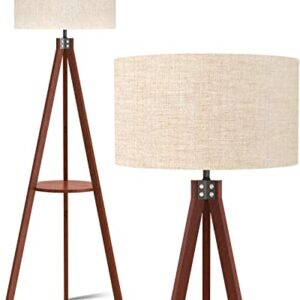 LEPOWER Tripod Floor Lamp, Mid Century Wood Standing Lamp, Modern Design Shelf Floor Lamp for Living Room, Bedroom, Office, Flaxen Lamp Shade with E26 Lamp Base