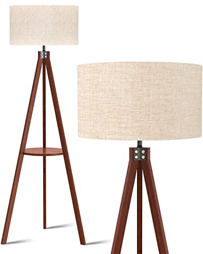 LEPOWER Tripod Floor Lamp, Mid Century Wood Standing Lamp, Modern Design Shelf Floor Lamp for Living Room, Bedroom, Office, Flaxen Lamp Shade with E26 Lamp Base