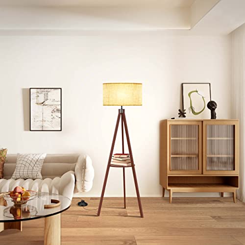 LEPOWER Tripod Floor Lamp, Mid Century Wood Standing Lamp, Modern Design Shelf Floor Lamp for Living Room, Bedroom, Office, Flaxen Lamp Shade with E26 Lamp Base