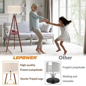 LEPOWER Tripod Floor Lamp, Mid Century Wood Standing Lamp, Modern Design Shelf Floor Lamp for Living Room, Bedroom, Office, Flaxen Lamp Shade with E26 Lamp Base