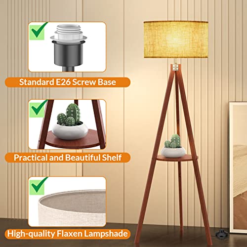 LEPOWER Tripod Floor Lamp, Mid Century Wood Standing Lamp, Modern Design Shelf Floor Lamp for Living Room, Bedroom, Office, Flaxen Lamp Shade with E26 Lamp Base