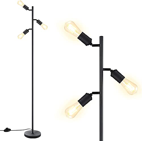 Bricosmocon Industrial Floor Lamp, Standing Lamp, Tree Floor Lamp with 3 Adjustable Rotating Lights, E26 Edison Bulb Floor Lamp for Living Room, Bedroom, Home, Office(Bulb not Included) (Black)