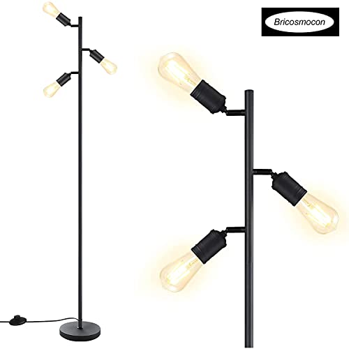 Bricosmocon Industrial Floor Lamp, Standing Lamp, Tree Floor Lamp with 3 Adjustable Rotating Lights, E26 Edison Bulb Floor Lamp for Living Room, Bedroom, Home, Office(Bulb not Included) (Black)