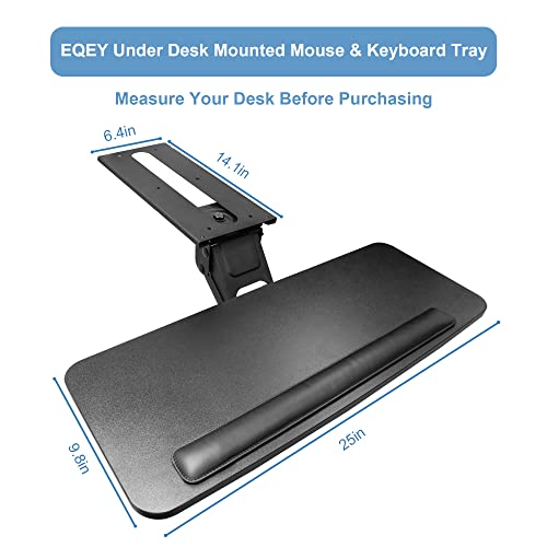 EQEY Keyboard Tray Under Desk, 360°Adjustable Keyboard Mount and Mouse Tray, Smoothly Pull Out Desk Extender with Soft Supportive Pad (25 x9.8 inch) Light